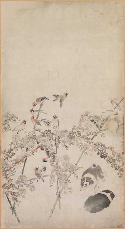 Filhotes, pardais e crisântemos, 1754-1799. de Nagasawa Rosetsu