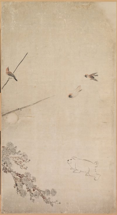 Filhotes, pardais e crisântemos, 1754-1799. de Nagasawa Rosetsu