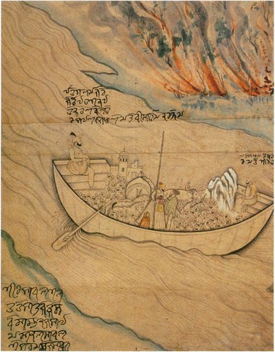 Um barco à deriva num rio: Ilustração de uma lenda popular de Nainsukh