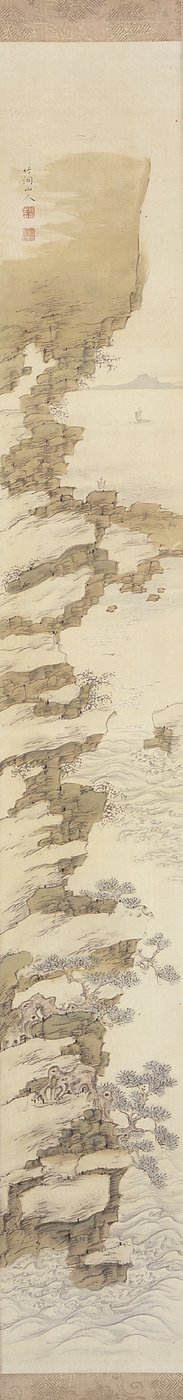 Paisagem de Falésia Com Barcos (tinta e cor sobre seda) de Nakabayashi Chikkei