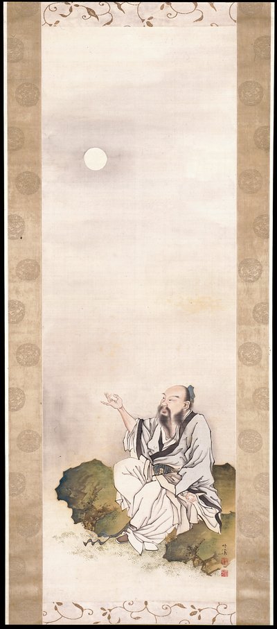 Cavalheiro Contemplando a Lua (tinta e cor sobre seda) de Nakabayashi Chikkei
