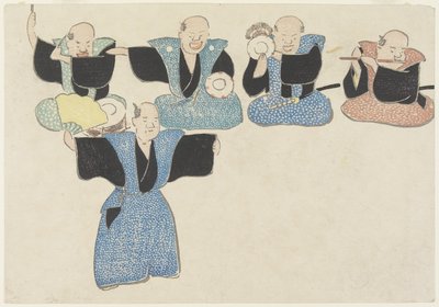 Bailarino e Quatro Músicos, do século XVIII ao XIX (impressão em xilogravura a cores) de Nakamura Hochu