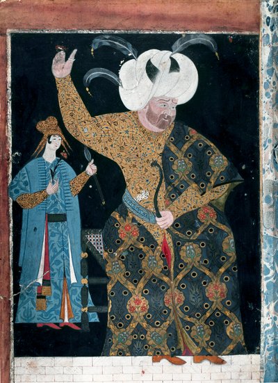 Império Otomano: "Retrato do Sultão Selim II chamado o Bêbado ou Sari o Louro (1524-1574)" Aguarela atribuída a Reis Haydar Nakkep dit Nigari (1494-1572) (TKS 2134, fol. 3 b) Istambul, Topkapi Seray de Nakkep called Nigari Reis Haydar