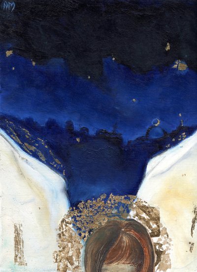 Noite o anjo pegou suas asas, 2014, (óleo e folha de ouro no cartão) de Nancy Moniz Charalambous