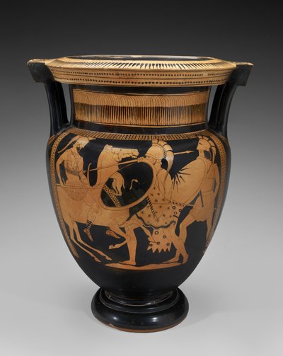 Krater da coluna de terracota de figuras vermelhas com cena de batalha, 460-450 aC (terracota) de Naples Painter (attr. to)