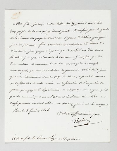 Carta assinada de Napoleão para seu enteado, Príncipe Eugène de Beauharnais Napoleão de Napoleon Bonaparte