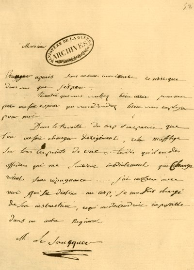 Carta de Napoleão a Le Saucquer, secretário de guerra, 3 de junho de 1791, 1921. de Napoleon Bonaparte I