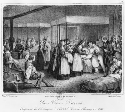 Irmã Victory Darras cuidando das vítimas do cólera no Hotel-Dieu de Chauny, 1832 de Napoleon Thomas