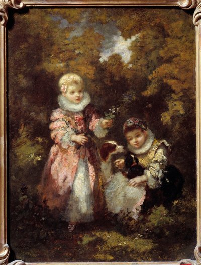 Crianças e cães Pintura por Narciso Diaz de la Pena (1807-1876) (ec. de Barbizon) Sol. 0,32x0,24 m de Narcisse Virgile Diaz de la Peña