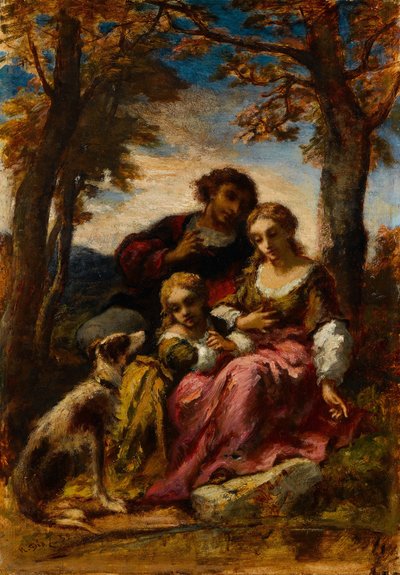 Figuras e um cachorro em uma paisagem, 1852. de Narcisse Virgile Diaz de la Peña
