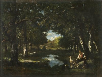 Homem e Cão Descansando na Glade da Floresta (óleo sobre tela) de Narcisse Virgile Diaz de la Peña