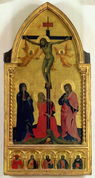 A Crucificação com as pessoas de luto e Santa Maria Madalena, o painel de predelas representando a SS. Jerônimo, Paulo, Tiago, Pedro e um santo desconhecido (tempera no painel) de Nardo di Cione Orcagna