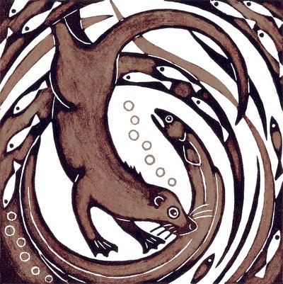 Lontra com enguia, 2010 (xilogravura colorida) de Nat Morley