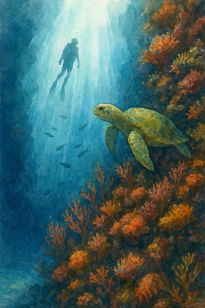 Mergulhador e tartaruga marinha de Natalie Bruns