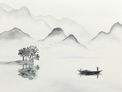 Barco no sereno lago da montanha de Natalie Bruns
