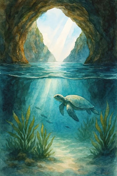 Tartaruga-marinha da Gruta do Oceano Iluminada pelo Sol de Natalie Bruns