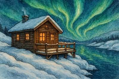 Cabana de Inverno e Aurora Boreal de Natalie Bruns