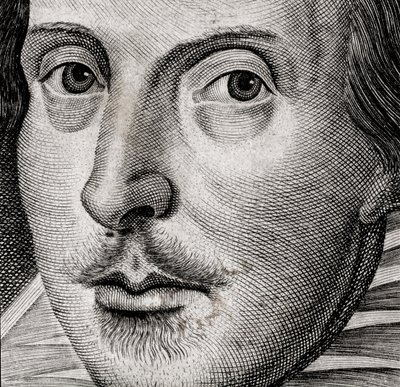Pormenor do retrato de William Shakespeare no frontispício de Comedies, histories,  t... de Nathan Benn