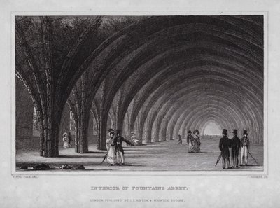 Interior da Abadia de Fountains (gravação) de Nathaniel (after) Whittock