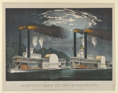 Corrida da meia-noite no Mississippi, 1875., 1875. Criadores: Nathaniel Currier, James Merritt Ives, Currier e Ives. de Currier and Ives
