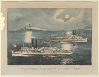 Barcos a vapor passando à meia-noite - em Long Island Sound, 1872-74., 1872-74. Criadores: Nathaniel Currier, James Merritt Ives, Currier e Ives. de Currier and Ives