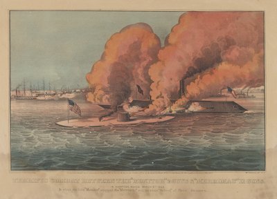 Incrível combate entre as armas Monitor 2 e as armas Merrimac 11 - em Hampton Roads março... de 1862. Criadores: Nathaniel Currier, James Merritt Ives, Currier e Ives. de Currier and Ives