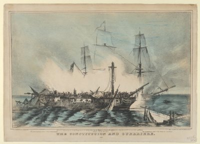 A Constituição e a Guerrière - Lutaram em 19 de agosto de 1812 - A Guerrière teve 15 homens mortos..., 1848. de Nathaniel Currier
