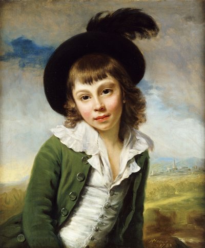 "The Green Boy": um retrato de um garoto de meio comprimento, com um casaco verde e chapéu preto com uma pluma de penas, 1782 de Nathaniel Hone