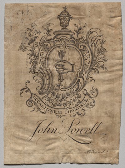 Bookplate: Brasão de armas com John Lowell inscrito de Nathaniel Hurd
