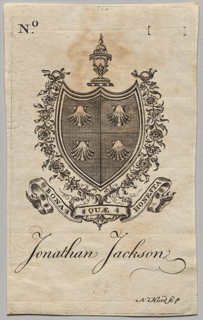 Bookplate: Brasão de armas com Jonathan Jackson inscrito de Nathaniel Hurd