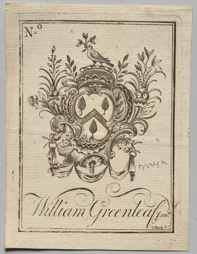 Bookplate: Brasão de armas com William Greenleaf Jun.r inscrito de Nathaniel Hurd
