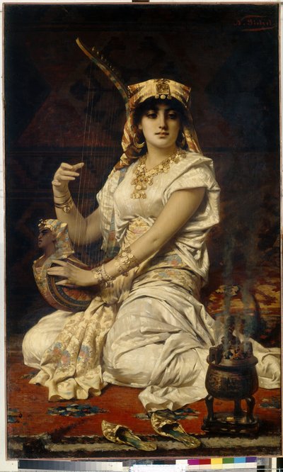 Almee (Almee). Retrato de uma mulher bela, instruída e educada a tocar música, vestida com trajes egípcios. Pintura por Nathaniel Sichel (1843-1907), óleo sobre tela de Nathaniel Sichel