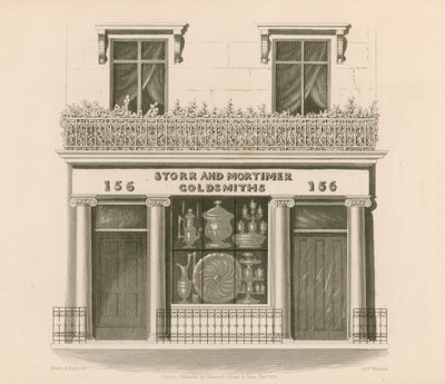 Loja de estilo iônico na frente dos senhores Storr e Mortimer, ourives e joalheiros, nº 156, Bond Street, Londres de Nathaniel Whittock