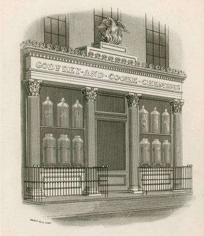 Loja frente de Godfrey e Cooke, químicos, Conduit Street, Londres de Nathaniel Whittock