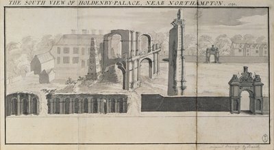 Vista sul de Holdenby House e ruínas como visto em 1729 de Nathaniel and Samuel Buck
