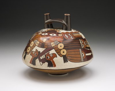 Embarcação representando um guerreiro mascarado segurando cabeças de troféus, 180 aC-500 dC de Nazca Culture