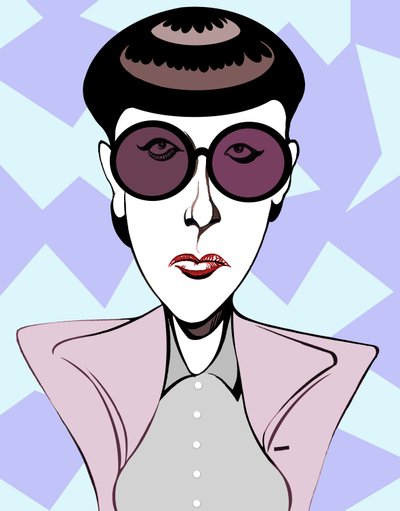 Edith Head, figurinista americana (1907 - 1981), caricatura colorida com óculos escuros de Neale Osborne