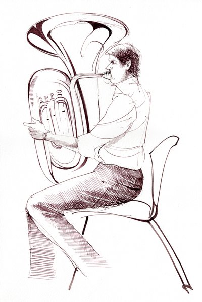 Jogador de tuba - desenho a tinta de um músico tocando de Neale Osborne