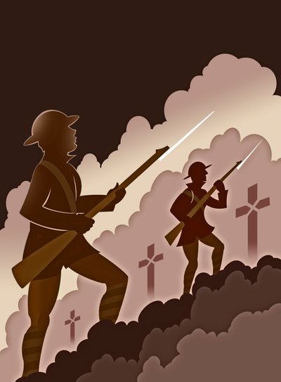 Soldados da Primeira Guerra Mundial com baionetas - emergindo das trincheiras de Neale Osborne