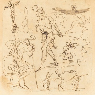 Folha de estudos com um soldado desenhando uma espada, um crucifixo, animais monstruosos e outras figuras de Neapolitan 17th Century