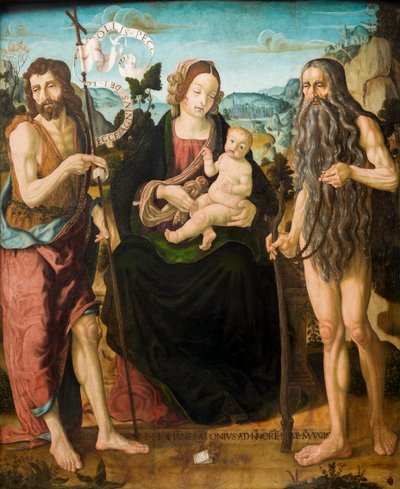 Virgem e Criança entre São João Batista e São Onuphrius (têmpera no painel) de Neapolitan School