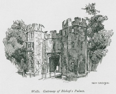 Wells, Porta de entrada do Palácio do Bispo (litografia) de Nelly Erichsen