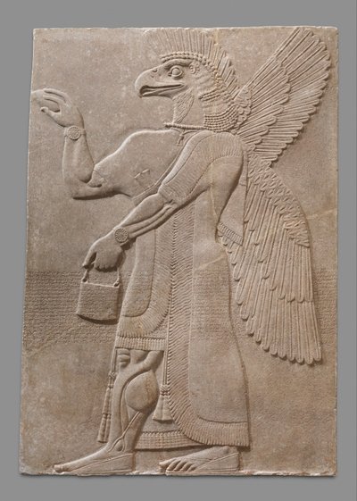 Painel de relevo da figura sobrenatural com cabeça de águia alada, c.883-59 aC (alabastro de gesso) de Neo Assyrian
