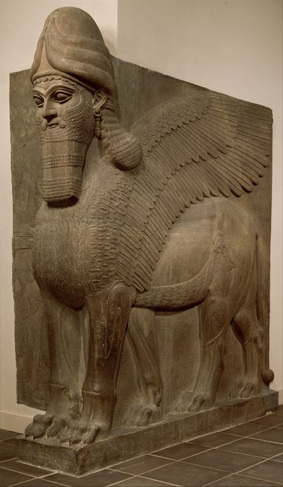 Leão alado com cabeça humana (lamassu), c.883-859 aC (gipsita alabastro) de Neo Assyrian