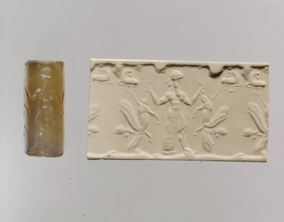 Selo cilíndrico e impressão moderna: figura masculina que domina os leões alados de cabeça humana, c. Século 8-7 AC (calcedônia) de Neo Assyrian Neo Assyrian