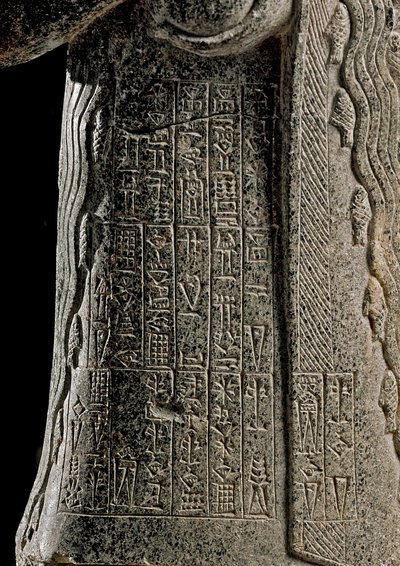 Arte Suméria: Detalhe da Estátua de Gudea, Príncipe de Lagash chamado "com o vaso jorrando" e dedicado à deusa Geshtinanna - Escultura em dolerite de Tello (Girsu en Mesopotamie), Rumo a 2120 AC Altura: 62 cm, Largura: 25,60 cm - Paris, Musa de Neo Sumerian Neo Sumerian