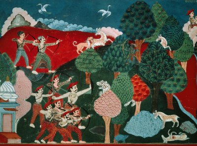 Um rei que passa os seus dias a matar gazelas pobres sem razão, mais tarde, noutra vida, é gazela e é morto por caçador, detalhe de Swayambhu Purana, importante texto sagrado budista no Nepal, gouache, Civilização Nepalesa de Nepalese School