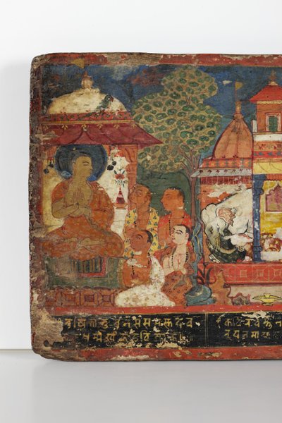 Detalhe de uma capa de manuscrito budista (wc opaca em madeira) de Nepalese School