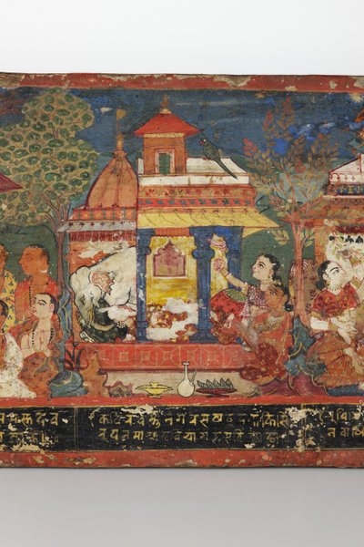 Detalhe de uma capa de manuscrito budista (wc opaca em madeira) de Nepalese School