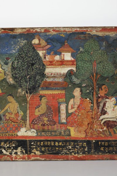Detalhe de uma capa de manuscrito budista (wc opaca em madeira) de Nepalese School